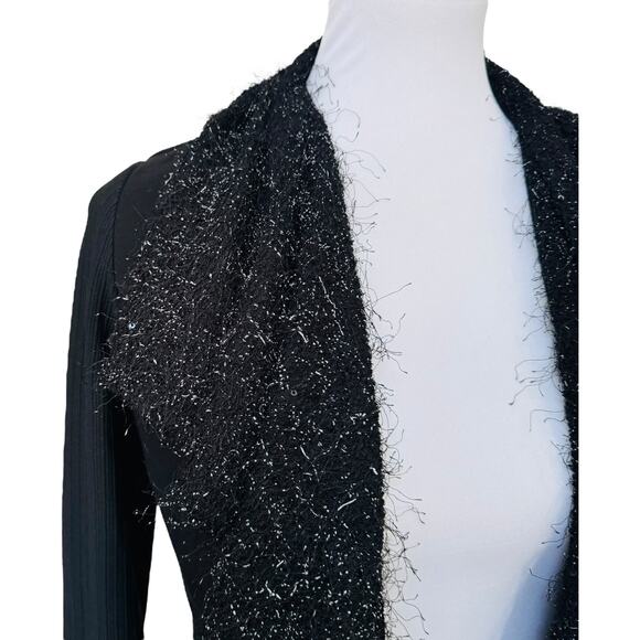 Simon Chang Black Eyelash Trim Ribbed Open Cardigan Jacket Tie Waist Size 4 - Picture 3 of 14